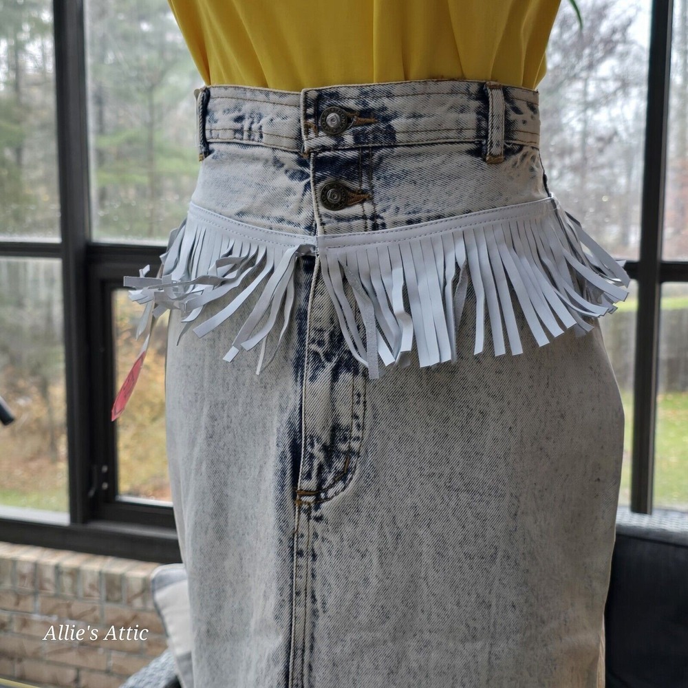 80s 90s Denim Jean Skirt Blue Acid Wash Mom High Waist Fringe Western 9/10 NOS - Picture 2 of 16